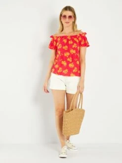 Kiabi -Kiabi blouse fleurie a encolure bardot roseorange zs164 1 frb2