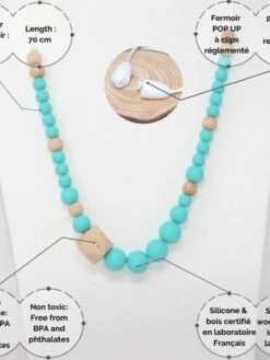 Collier D'allaitement Ou De Portage En Silicone - Turquoise Et Bois -Kiabi collier dallaitement ou de portage en silicone turquoise et bois bleu turquoise aqa69 1 frb3