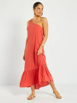 Robe Longue One Shoulder En Maille Crêpe -Kiabi robe longue one shoulder en maille crepe rouge framboise act02 2 frb4