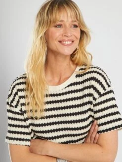 T-shirt En Maille Crochet à Rayures 9 T-shirt En Maille Crochet à Rayures -Kiabi t shirt en maille crochet a rayures noir asm28 1 frb4 1