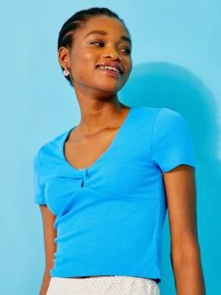 Tee-shirt Crop Côtelé Avec Twist -Kiabi tee shirt crop cotele avec twist bleu arl43 1 frb4 1