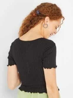 Tee-shirt Crop Maille Pointelle Et Dentelle -Kiabi tee shirt crop maille pointelle et dentelle noir arl52 2 frb3 1